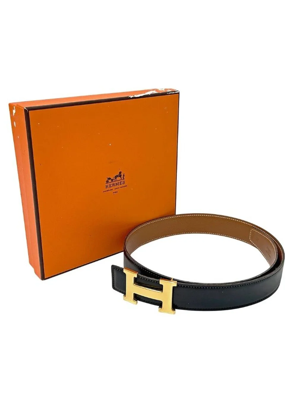 Hermes Belt H Box Calf Black Gold 70 Reversible